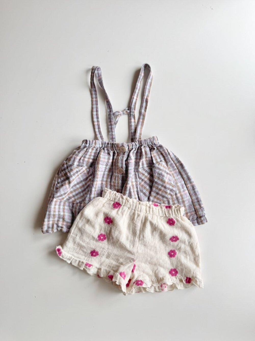 Lot of 2 Girls' ZARA Bottom - Gingham Suspender Skirt & Gauze Shorts, Size 4-5